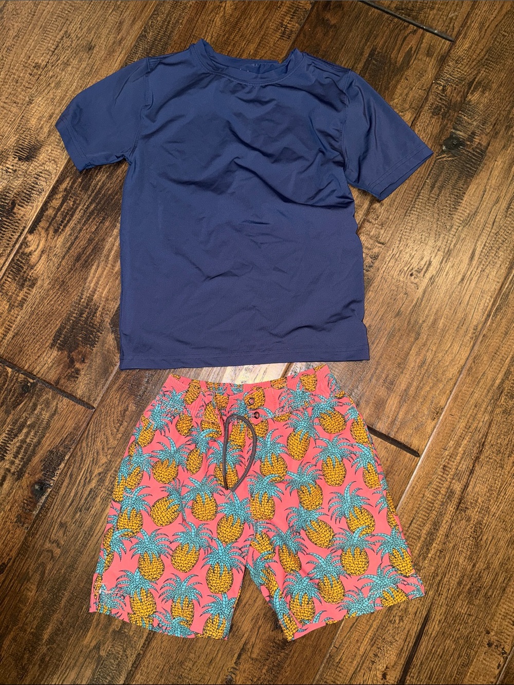 First Wave BOYS Pineapple Swim Trunks SIZE 4/5 + Navy Rash Guard SIZE 6/7.
